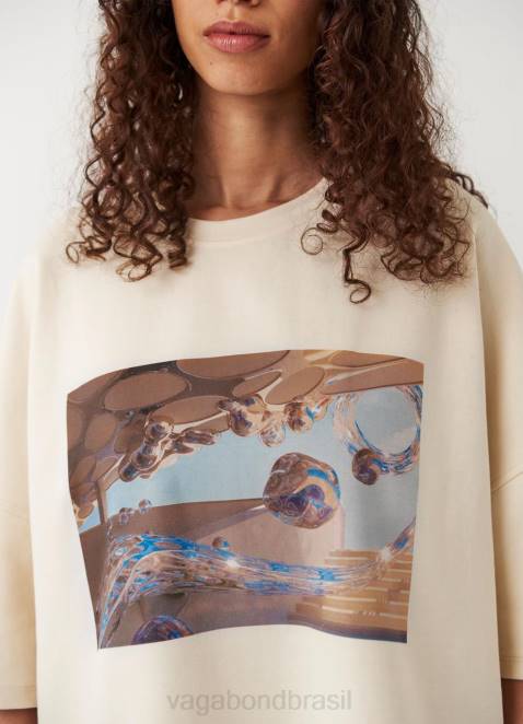 Vagabond D60R258 tecido off white mulheres camiseta boxy x micky ho vestuário