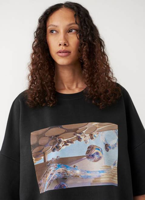 Vagabond D60R259 tecido preto mulheres camiseta boxy x micky ho vestuário